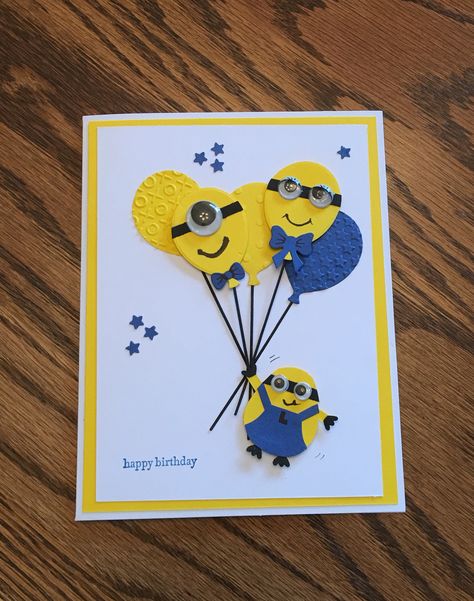 Minion birthday card, I got the ideal from a stamping up person on Pinterest and had to give it a try for my Grandson. Made by me Rita P. Birthday Cards Minion, Minion Cards Birthday, Minion Birthday Cards Diy, Disney Birthday Cards Handmade, Disney Cards Handmade, Minion Crafts, Minion Birthday Card, Disney Birthday Card, Minion Card