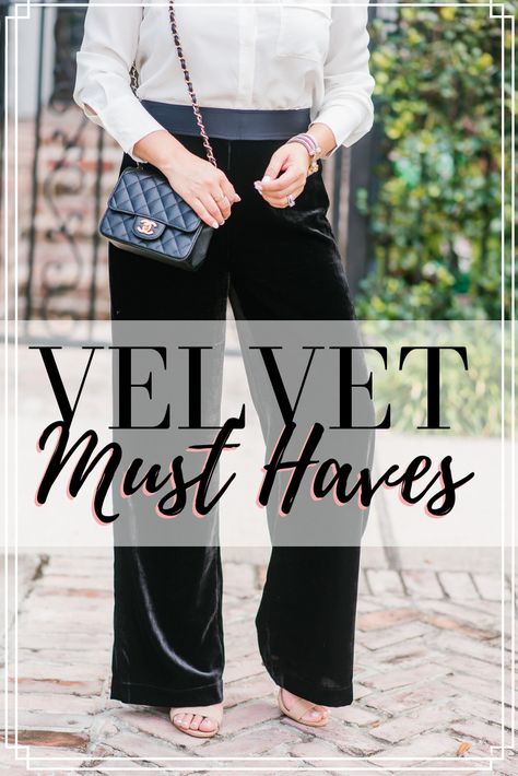 Velvet Pants Holiday Outfit, Black Velvet Blouse Outfit, How To Style Black Velvet Pants, Purple Velvet Pants Outfit, Black Velvet Wide Leg Pants Outfit, Black Velvet Pants Outfit Party, What To Wear With Velvet Pants, Black Velour Pants Outfit, Velvet Wide Leg Pants Outfit