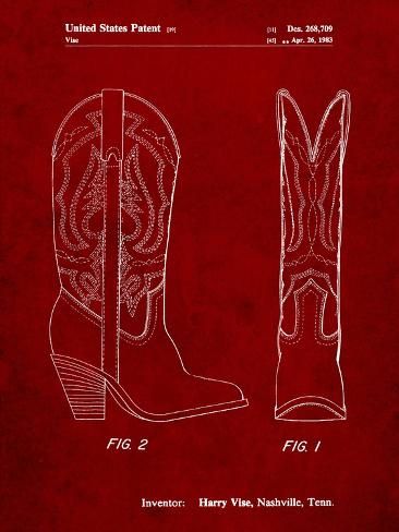 size: 12x9in Art Print: Texas Boot Company 1983 Cowboy Boots Patent by Cole Borders : Cowboy Boots Graphic Design, Cowboy Boots Drawing, Red Dorm, Red Posters, Texas Poster, College Poster, Cowboy Posters, Cowboy Design, Cowboy Aesthetic