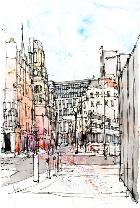 City Sketch, Watercolor Architecture, Building Art, Urban Sketchers, Landscape Drawings, A Level Art, Urban Environment, City Landscape, Urban Sketching