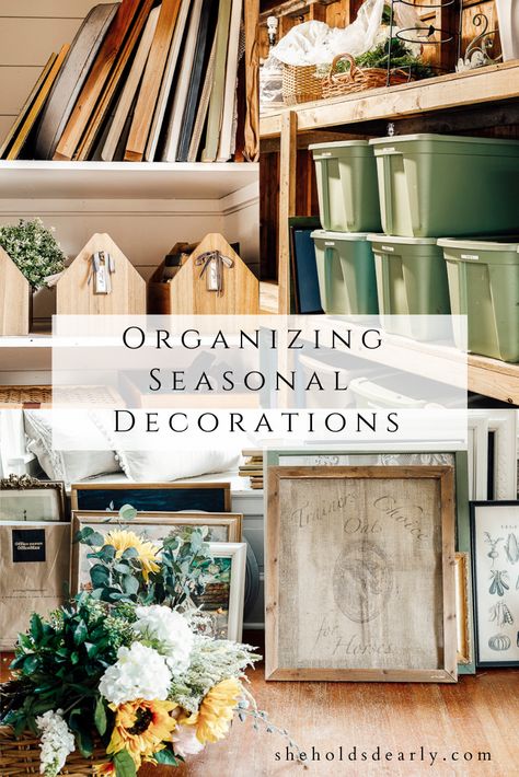 Organizing Seasonal Decor by sheholdsdearly.com Seasonal Storage Ideas, Vintage Organization, Farmhouse Christmas Tree Decor, Holiday Decor Storage, She Holds Dearly, Christmas Decoration Storage, Thrifting Tips, Seasonal Wall Decor, Home Decor Storage