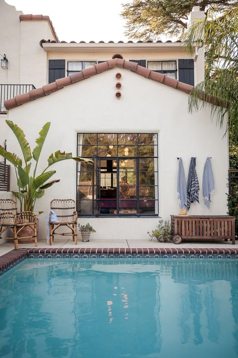 Our Spanish vibe inspired pool is what summer dreams are made of, with rattan furniture and intricate tile surrounding the pool. Spanish Style Backyard Pool, Spanish Pool Tile, Spanish Pool, Modern Spanish Revival, Spanish Modern, Modern Tiles, Spanish Revival, Pool Tile, Rattan Furniture