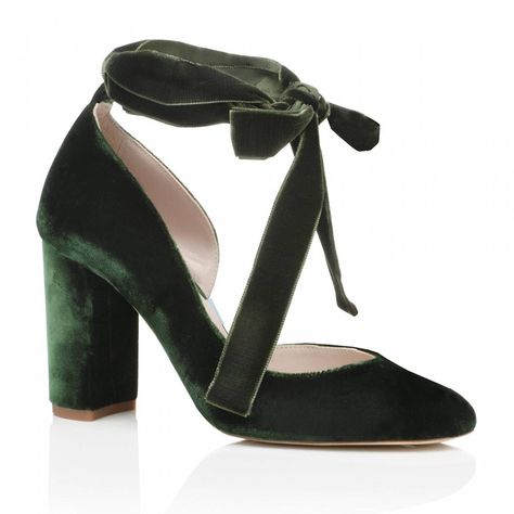 Harriet Wilde Hetty Forest Green Velvet Tie Up Block Heel Court Shoes Block Heels Wedding, Comfortable Bridal Shoes, Custom Heels, Medium Heel Shoes, Velvet Block Heels, Beautiful Wedding Shoes, Designer Wedding Shoes, How To Dye Shoes, Shoe Crafts