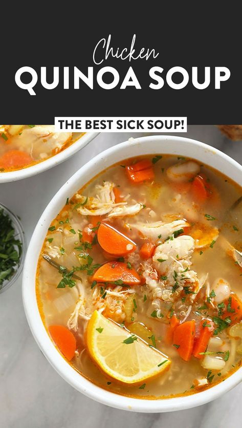 The healthy chicken soup that will make you feel better in an instant. Meet our amazing Chicken Quinoa Soup that's naturally gluten-free, protein-packed, and flavor-filled. Chicken Quinoa Soup, Healthy Chicken Soup, Clean Eating Soup, Fit Foodie Finds, Quinoa Soup, Amazing Chicken, Quick And Easy Soup, Top Chicken Recipes, Chicken Quinoa