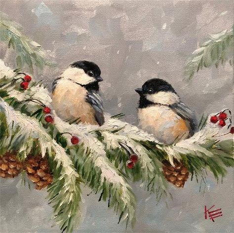 Chickadee Art, Christmas Card Art, Winter Painting, Christmas Bird, Simple Acrylic Paintings, Christmas Canvas, Paint By Numbers, Beginner Painting, Winter Art