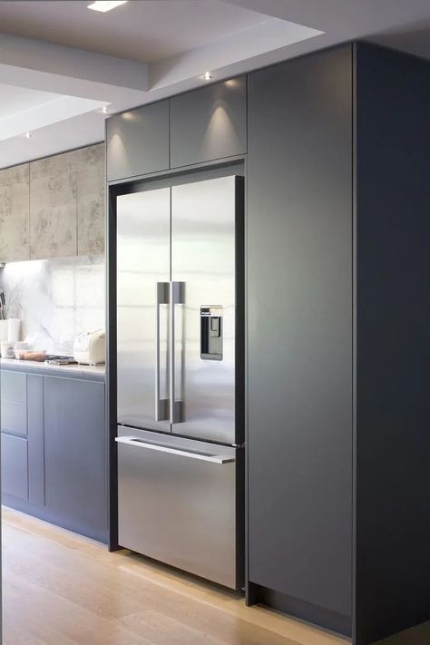 Modern Fridge Freezer, Kitchen With No Fridge, Appliance Cabinet Next To Fridge, Kitchen Fridge Ideas Cabinets, Refrigerator In Dining Room, Modern Kitchen Refrigerator, Fridge In Living Room, Fridge Freezer In Kitchen, Kitchen Fridge Wall