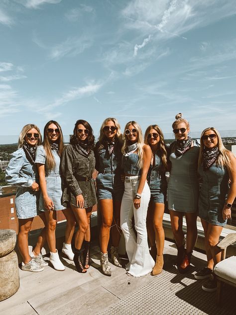 Nashville Bachelorette Party Recap | So Sage Blog - Travel Austin Texas Bachelorette Outfits, Bach Group Outfit Ideas, Denim On Denim Bachelorette Party, Denim Cowgirl Outfit Bachelorette, Jean Bachelorette Outfit, Boho Western Bachelorette Party, Nashville Bachelorette Theme Outfits, Denim Bachelorette Party Outfit, Nashville Bachelorette Party Outfit Bride