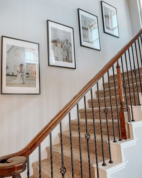 Photo Wall Up The Stairs, Family Pictures Staircase, Picture Placement On Stair Wall, Large Photos On Staircase Wall, Frame On Stair Wall, Photo Wall In Stairway, Wall Art Going Up Stairs, Picture Frames Going Up Stairs, Photo Wall Near Stairs