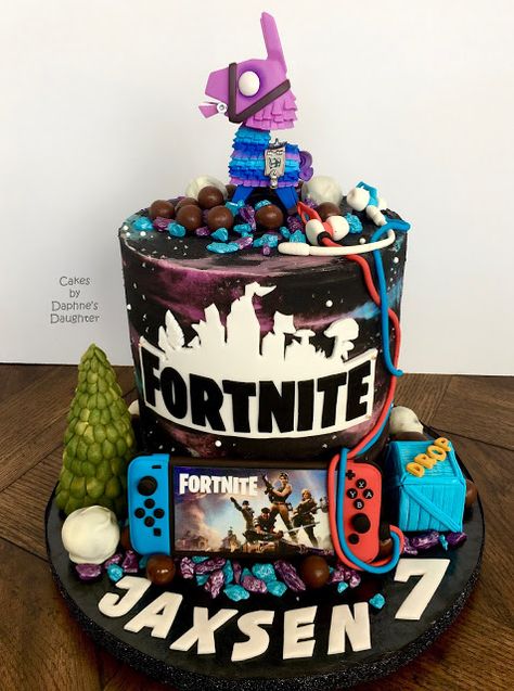 The Bake More: Galaxy Fortnite Cake with Loot Llama and Switch Controller Peely Fortnite Birthday Cake, Fort Night Cake For Boys, Fortnite Llama Cake, Fortnight Cakes For Boys, Fortnite Cake For Boys, Fortnite Birthday Cakes, Fortnite Birthday Cake Ideas, Easy Fortnite Cake, Boys Birthday Cake Ideas