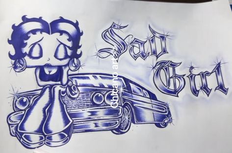 Betty Boop Lowrider, Betty Boop Drawing Chicano, How To Draw A Lowrider Car, Betty Boop Chicano Art, Prison Dad Art Style, Chicano Betty Boop, Cholo Love Drawings, Low Rider Drawing, Low Riders Drawings