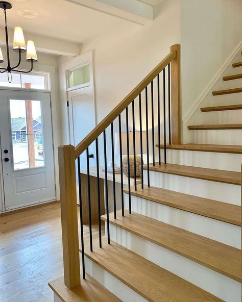 Wooden Stairs With Black Balusters - Soul & Lane Modern Wood Stairs, Wood Stairs Ideas, Black Balusters, Wooden Banister, Modern Farmhouse Staircase, Bright Front Doors, Farmhouse Staircase, Mirror Gallery Wall, White Front Door