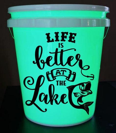 Life is better at the lake Light up Camping Bucket Glow in | Etsy Adventure Decorations, Circuit Vinyl, Cricut Spring, Circuit Joy, Campsite Decorating, Cricut Camping, Bucket Crafts, Lantern Camping, Painted Coolers