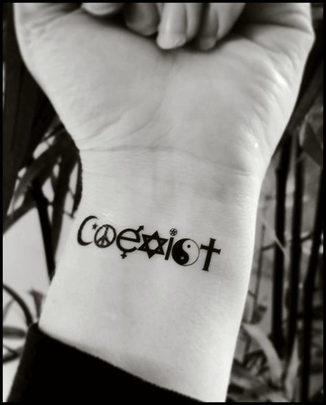 temporary tattoos coexist fake tattoo world by SharonHArtDesigns #symboltattoos World Peace Tattoo, Coexist Tattoo, Equality Tattoos, Small Inspirational Tattoos, Peace Tattoo, Peace Tattoos, Tattoo World, Hippie Tattoo, Wrist Tattoos For Guys