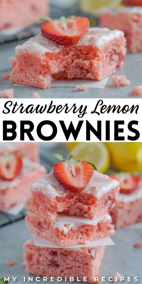 These strawberry lemon brownies are the best balance between sweet and sour. These brownies are the perfect Easter dessert that incorporates lemons and strawberries into one delicious bite. These unique brownies are topped off with a lemon glaze that's so easy to make. Try these flavorful brownies today! Essen, Thermomix, Strawberry Lemon Brownies, Unique Brownies, Strawberry Lemon Bars, Strawberry Cake Mix Cookies, Lemon Brownies, Ceramic Baking Dish, Delicious Brownies