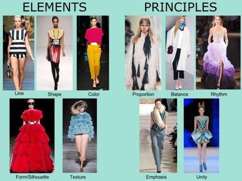 Elements And Principles of Fashion Design Fashion Design Elements Fundamentals Principles Line Shape Color Form Texture Balance Harmony = Unity Rhythm Proportion Emphasis Elements Of Design Texture, Elements Of Design Shape, Harmony Design, Fashion Design Classes, Dress Illustration, Elements And Principles, Fashion Merchandising, 5 Elements, Principles Of Design