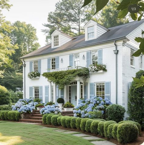 Harbor Blue House | The home of (everyone’s) dreams 💙🤍 That garden… those shutters�… Happy Monday, friends! Courtesy of @old_line_home by Rachel… | Instagram Colonial House Exteriors, Floral Chintz, Blue Shutters, Chintz Fabric, Dream Life House, Blue Chinoiserie, White Picket Fence, Up House, Cute House