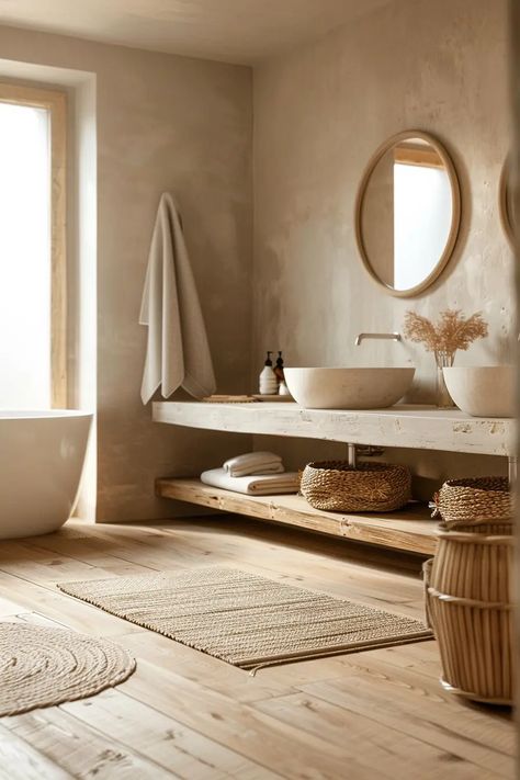 Elegant Japandi Bathroom Design Ideas for a Serene Space | VIVA Master Bath Ideas Boho, Japandi Mediterranean Interior, Scandinavian Spa Bathroom, Organic Modern Bathrooms, Toilet Next To Vanity, Bathroom Japandi Style, Current Bathroom Trends, Organic Modern Bathroom Design, Natural Bathrooms