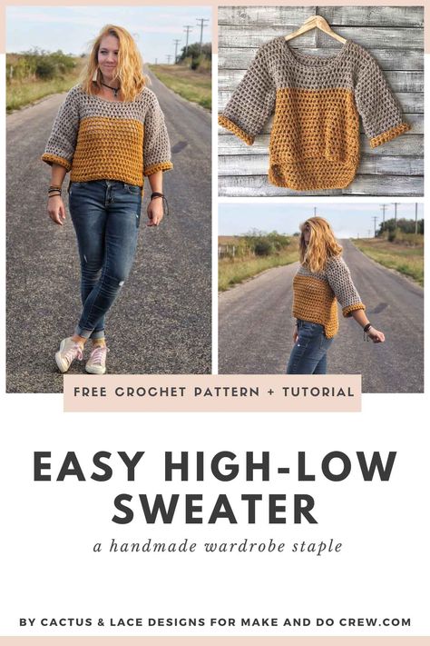 This super fast crochet sweater pattern features a stylish high-low design and can be finished in a single weekend! This boho beginner pattern can be worn in spring, fall or winter and the mesh stitches look knit. Fast Crochet Sweater, Easy Crochet Sweater, Crochet Sweater Free, Make And Do Crew, Fast Crochet, Crochet Sweater Pattern, Child Clothes, Crochet Sweater Pattern Free, Crochet Clothing And Accessories