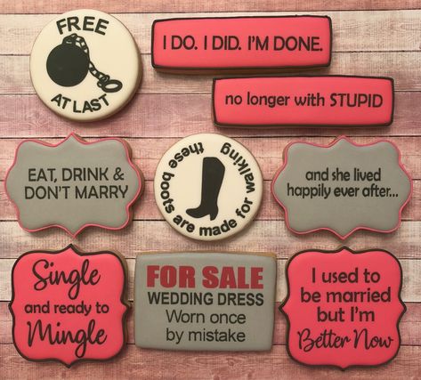 Divorce Shower Ideas, Break Up Party Ideas, Divorce Cookies Decorated, Divorce Cakes For Women Funny, Finally Divorced Cake, Divorce Cookies Funny, Divorce Cookies, Divorce Cakes For Women, Divorced Af Party