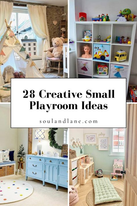 Maximize fun in minimal spaces with small playroom ideas designed to spark creativity and exploration. Transform corners into imaginative play areas with multifunctional furniture like storage ottomans that double as seating. Use vertical space for storage, displaying books and toys on wall-mounted shelves. Incorporate a fold-down desk or art station that tucks away when not in use. Opt for bright, cheerful colors and patterns to stimulate the senses, and don't forget a cozy nook with cushions a Storage For Small Playroom, Kids Playroom Corner Storage, Playroom Fitted Storage, Living Room Play Corner Small Spaces, Tiny Playroom Ideas Space Saving, Playroom Stations, Play Area Small Space Living Rooms, Lots Of Toys Small Space, Small Playroom Inspiration