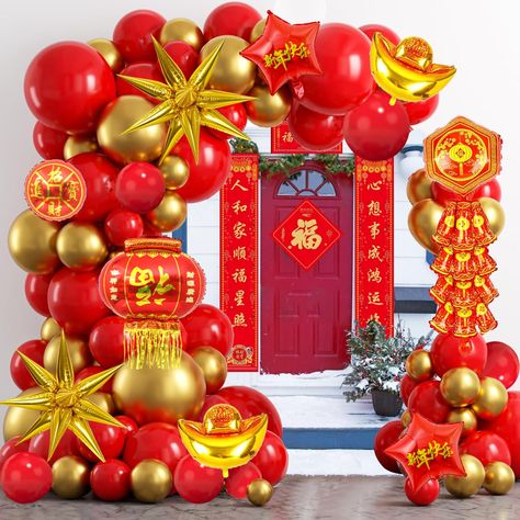 PRICES MAY VARY. Packaging Include:110pcs latex balloon(red, metallic gold),2pcs 18in happy new year foil balloons,1pcs 15.7*11.8in bring in wealth and treasure foil balloons,14pcs 18.1*5.9in cone foil balloons,1pcs 32.2*11.8in firecracker foil balloons,1pcs 20*27in Fu character foil balloons,2pcs 15.3*12.9in Yuanbao foil balloons,1 pcs balloon chain(16ft) and 1 roll of balloon glue dots. Traditional Chinese Red Design:Red gold balloons with lanterns, firecrackers, Fuzi, Yuanbao and other Chines Asian Balloon Decor, Festival Balloons, New Year Party Decorations, Gold Rabbit, Chinese Spring Festival, Chinese Party, Japanese Party, Rabbit Year, Party Decorations Balloons