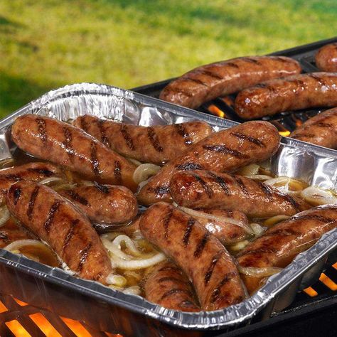 Grilled brats get a hot bath in beer with butter and onions for even more juicy and delicious flavor! Beer Brats Recipe, Brat Sausage, Grilled Brats, Brats Recipes, Bratwurst Recipes, Beer Brats, Sausage Dishes, On The Grill, Camping Food