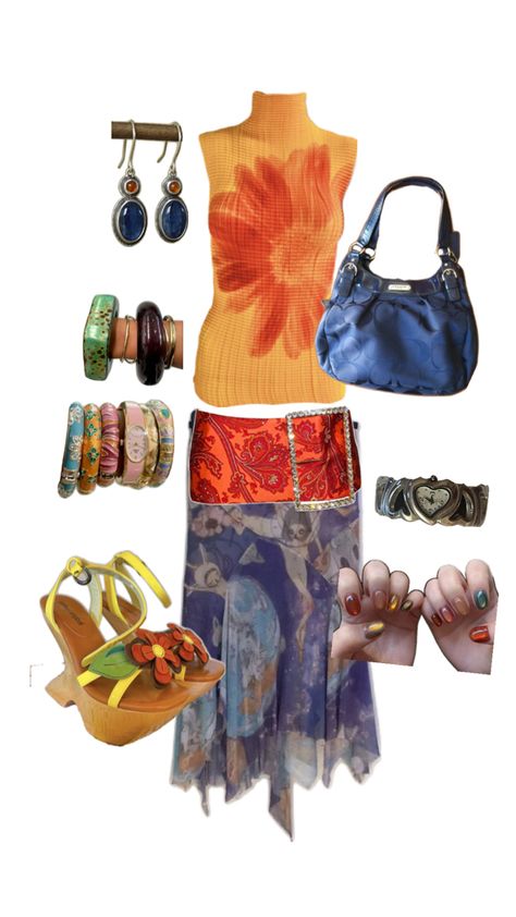 beachy hippie maximalist orange and blue long skirt outfit Whimsical Maximalist Outfit, Blue Long Skirt Outfit, Maximalist Summer Outfits, Maximalist Clothes, Earthy Coquette, Quirky Outfits, Blue Long Skirt, 2025 Outfits, Maximalist Outfit