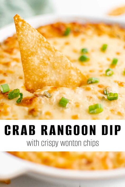 Crab Rangoon Dip with crispy wonton chips is the perfect party, potluck, or gameday appetizer. Creamy, cheesy, and packed with crab, this hot crab dip tastes just like your favorite Chinese restaurant but is so much easier to make! Fried Wonton Chips, Crab Rangoon Dip Recipe, Sunday Snacks, Fried Wonton, Rangoon Dip, Wonton Chips, Crab Rangoon Dip, Crispy Wonton, Hot Crab Dip