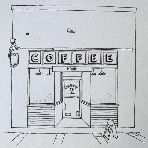 Cafe Shop Drawing Easy, Coffee Shop Drawing Easy, Art Coffee Drawing, Coffee Shop Sketch Drawings, Coffee Shop Illustration Drawings, Cafe Sketch Drawing, Cute Shop Drawing, Cafe Drawing Illustration Coffee Shop, Shop Drawing Interior