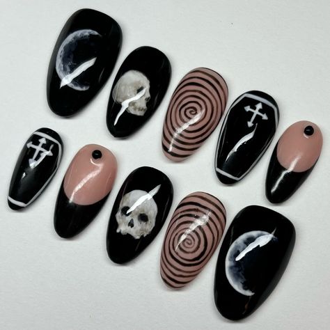 custom skull set ☠️🖤 this was my first time painting a skull on a nail!! i had so much fun making this set 🥹🫶 #nails #nailsnailsnails #nailsart #nailaddict #naildesigns #nailartist #pressons #pressonnails #gelnails #3dnails #explorepage Skull Nail Designs, Skull Nail Art, Set Nails, Skull Nails, Punk Nails, Goth Nails, Skull Painting, Time Painting, Nails Desing