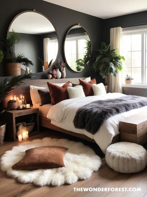 Large Boho Bedroom Ideas, Black White Burgundy Bedroom, Dark Colored Houses Interior Design, Bedroom Decor Small Room Couples, Different Room Decor Styles, New Home Bedroom Ideas, Sleek Home Design, Black And Wood Apartment Aesthetic, Masculine And Feminine Home Decor