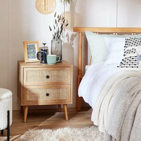 Homebase Kubu Rattan 2 Drawer Bedside Table Mid Tone Wood | Google Shopping Cane Bedside Tables, Small Bedside Table Lamps, Boho Bedside Table, Stylish Bedroom Ideas, Rattan Bedroom, Art Decor Ideas, Bedside Table Styling, 1920s Bungalow, Bedside Table Decor