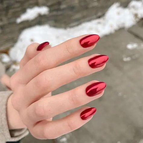 Red Chrome Manicure, Red Chromatic Nails, Red Luminary Nails, Red Nails Acrylic Chrome, Ted Chrome Nails, Red Chrome Dip Powder Nails, Chrome On Red Nails, Pearly Red Nails, Chrome Red Nail