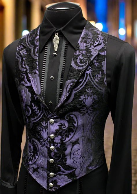 Shrine of Hollywood ARISTOCRAT VEST - PURPLE/BLACK TAPESTRY dark goth gothic Men's Vests purple steampunk vest victorian Masquerade Suits For Men, Red Masquerade Outfit Men, Mens Aristocrat Fashion, Purple Royal Outfit Male, Black And Purple Wedding Suit, Deep Purple Suit Men, Victorian Formal Wear Men, Purple And Black Suits For Men, Gothic Groom Attire