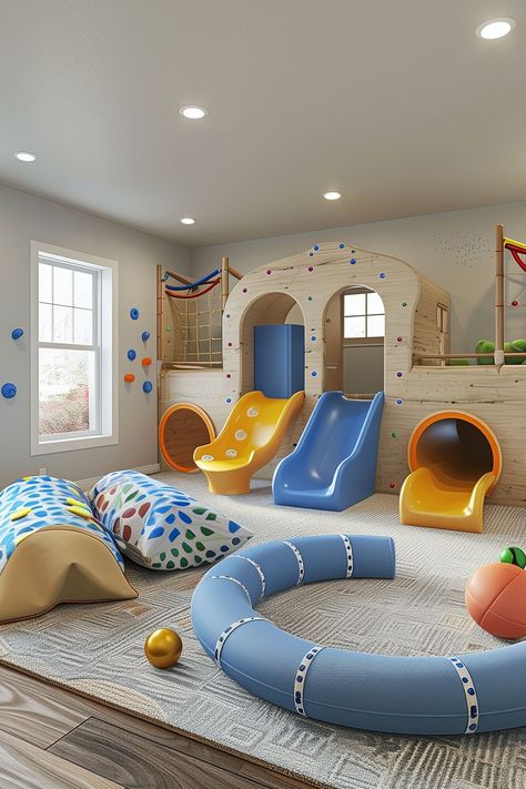 Indoor Toddler Playground, Toddler Play Area Outside, Indoor Playground Basement, Playroom Design Indoor Playground, Active Playroom Ideas, Indoor Playground Ideas, Active Kids Room, Active Playroom, Playroom Ideas For Kids