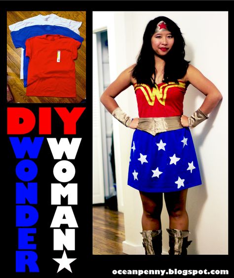 needle & thread magic: The Making of Wonder Woman (for $10!!) Modest Wonder Woman Costume, Costume Transformation, Woman Costume Diy, Diy Wonder Woman Costume, Wonder Woman Costume Diy, Wonder Woman Diy, 60's Costume, Diy Superhero Costume, Wonder Woman Halloween Costume