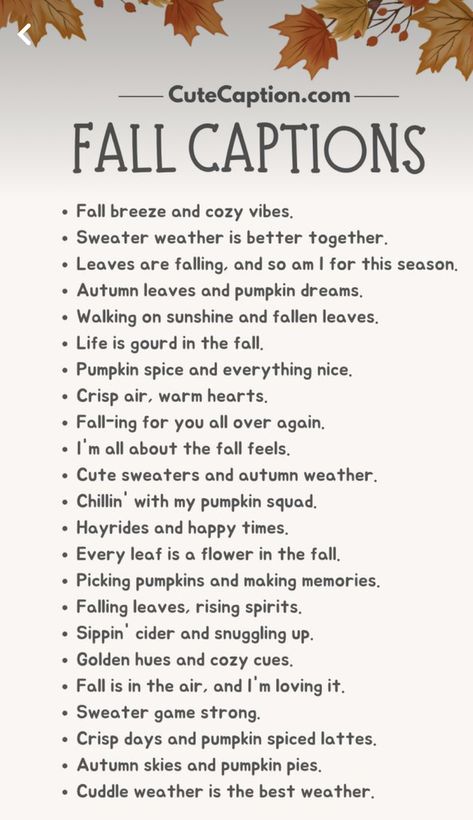 Crisp Air Quotes Fall, Fall Quotes And Sayings Instagram, Fall Quotes Couples, Autumn Motivational Quotes, Autumn Leaves Quotes, November Captions, Fall Quotes Aesthetic, Fall Phrases, Fall Season Quotes