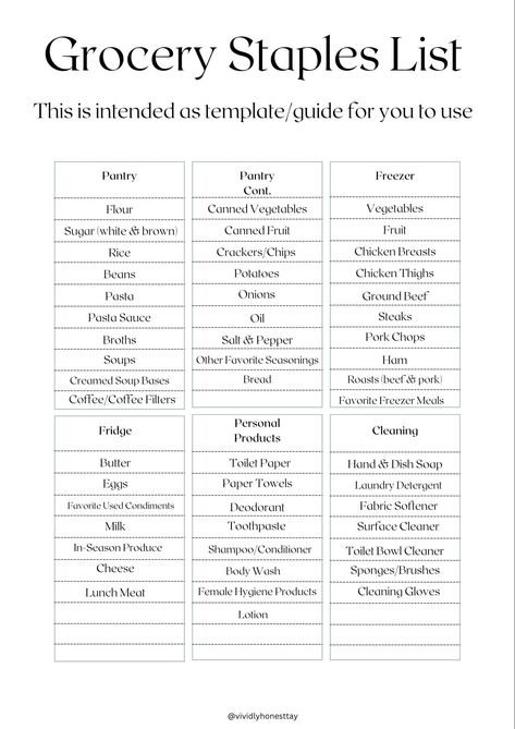 Pantry and Grocery List - Common Staple Items. Includes a template for ideas with average items and then blank templates for you to utilize and create your own.  A grocery shopping tool to help you budget monthly.  Downloadable and printable for your own personal use. Normal Grocery List, Sample Grocery List On A Budget, Grocery Must Haves, First Time Grocery List Shopping, Staple Foods Shopping Lists, Single Person Grocery List, Staple Pantry Items, Grocery List Black People, Basic Pantry Staples List