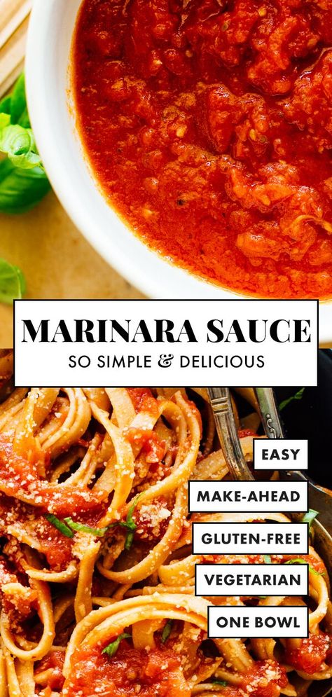 This incredibly SIMPLE and DELICIOUS homemade marinara sauce recipe requires just 5 basic pantry ingredients! No chopping and ready in 45 minutes. Yes, really! #cookieandkate #vegetarian #marinarasauce #Italianrecipe #marinarasauce Vegetarian Marinara Sauce, Maranara Sauce, Simple Marinara Sauce, Best Marinara Sauce, Incredible Pizza, Easy Marinara Sauce, Homemade Marinara Sauce, Marinara Sauce Recipe, Pantry Ingredients