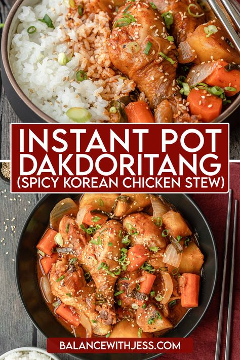 This homemade Instant Pot Dak Dori Tang is the perfect meal to make for dinner! Chicken drumsticks are cooked in a sweet and spicy marinade with onion, potatoes, and carrots. This classic Korean soup is cozy, delicious, and easy! Dairy free, 35 minutes. Dakdoritang Instant Pot, Korean Chicken Instant Pot, Dak Dori Tang, Korean Instapot Recipes, Instapot Chicken Drumsticks Recipes, Korean Instant Pot Recipes, Korean Drumsticks Recipe, Korean Chicken Soup Recipe, Instant Pot Korean Recipes