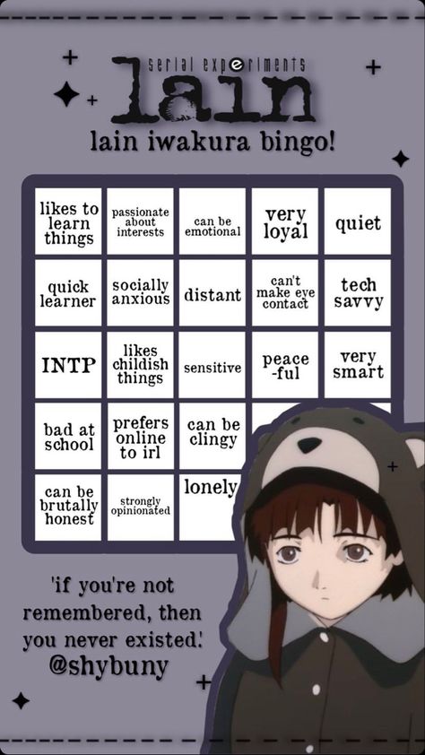 Lain Iwakura Kinnie Bingo, Every Kin List Got The, Character Kinnie Bingo, Lain Kinnie Bingo, Lain Kinnie, Kin List Template, Character Bingo, Kin Bingo, Kinnie List