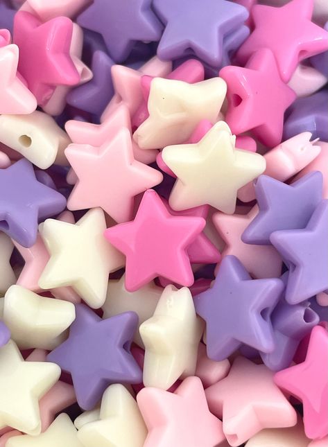 ♥ Kawaii pink, purple, and white star bead set. These beads are too cute! Great for your DIY jewelry creations. ♥ Made from acrylic.  ♥ Dimensions: 14mm Fimo, Rockstar Freddy, Kawaii Purple, Necklaces Bead, Star Aesthetic, Beads For Bracelets, Violet Aesthetic, Pastel Beads, Star Beads