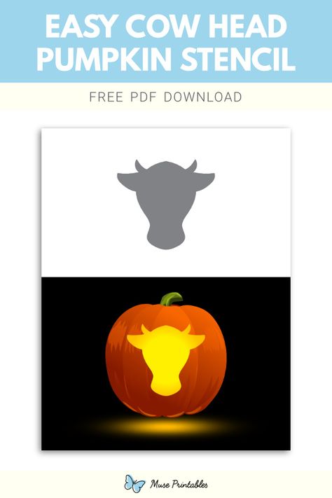 Free printable easy cow head stencil for pumpkin carving. Download it at https://museprintables.com/download/pumpkin-stencil/easy-cow-head/ Easy Pumpkin Carving Ideas Animals, Pumpkin Carving Cow Ideas, Cow Carving Pumpkin, Western Pumpkin Carving Ideas Stencil, Cow Carved Pumpkin, Farm Animal Pumpkin Carving, Cow Pumpkin Stencil, Cow Pumpkin Carving Stencil, Highland Cow Pumpkin Carving