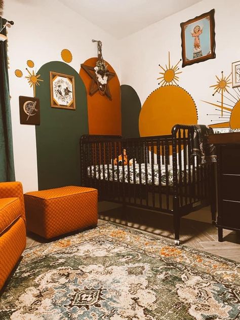 Wes Anderson Themed Nursery, 80s Nursery Theme, Fairy Cottage Core Nursery, Retro Themed Nursery, Moody Maximalist Nursery, 70s Style Nursery, Green And Burnt Orange Nursery, 70s Inspired Nursery, Nursery Aesthetic Colorful