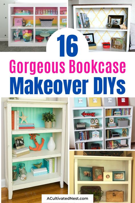 Using A Bookshelf For Storage, Repaint Bookshelf Diy, Old Bookshelf Makeover, Back Of Bookcase Ideas, Paint A Bookshelf Diy, Painted Book Cases Ideas, Diy Painting Bookshelf, Painting Shelves Ideas Diy, Diy Bookcase Makeover Ideas