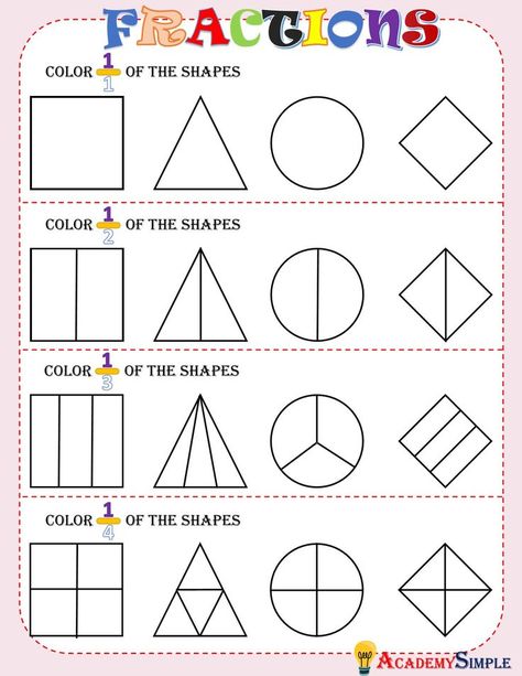 Simple Fractions Worksheets, Fractions For Kids, Math Fraction Activities, Learning Fractions, Coloring Worksheet, Teaching Fractions, Fraction Activities, Coloring Worksheets, Mathematics Worksheets