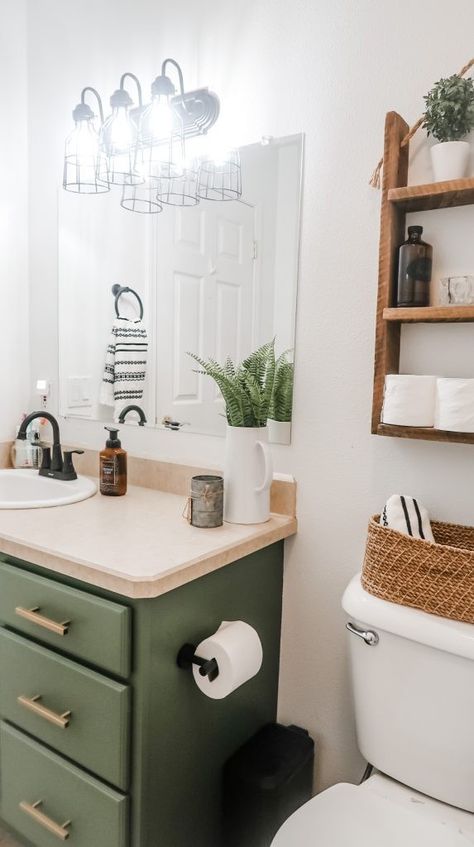 Green Cabinets Bathroom, Green Bathroom Vanity, Green Vanity, Beige Bathroom, Brown Bathroom, Bath Ideas, Bathroom Inspiration Decor, Upstairs Bathrooms, Bathroom Redo