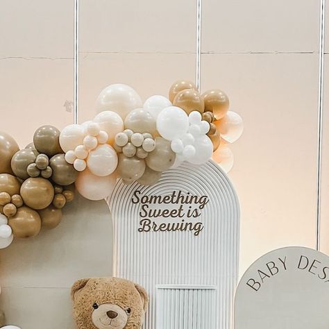 Signature Decor | GTA Luxury Balloon Styling on Instagram: "Something sweet is brewing ✨ Contact us to create a beautiful backdrop for your next event! @signaturedecorgta #gtaballoons #balloondecoration #babyshowerideas #balloongarland #balloonbackdrop #mississaugaballoons #eventdecorations #balloonarch #chiarawall #teddybearbabyshower" A Baby Is Brewing Baby Shower Ideas, Baby Is Brewing Shower Ideas, Something Sweet Is Brewing, Balloon Styling, Coffee Baby Shower, Baby Boy Sprinkle, A Baby Is Brewing, Gender Reveal Themes, Baby Is Brewing