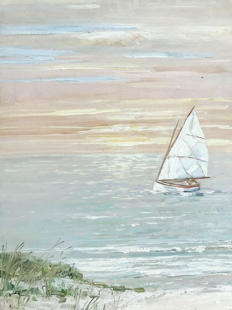 Oil painting of a summer sunset and a white sailboat. Picture Wall Posters, Neutral Wall Art Prints, Vintage Sailboat Aesthetic, Hamptons Painting, Wall Art Inspo Bedroom, Costal Pictures, Sailboat Painting Acrylic, Sail Boat Art, Wall Prints Bedroom