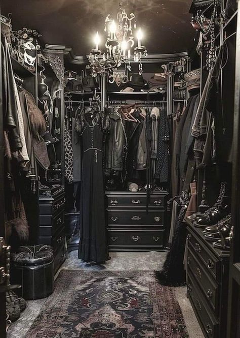 Gothic Victorian Room Aesthetic, Goth Dressing Room, Goth Walk In Closet, Gothic Dressing Room, Goth Storage, Dark Academia Closet, Witchy Closet, Goth Vanity, Goth Closet